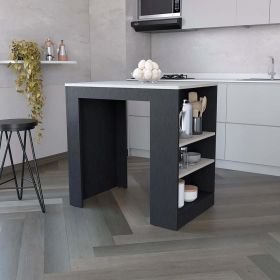 Kitchen Island Doyle, Three Side Shelves, Black Wengue and Ibiza Marble Finish